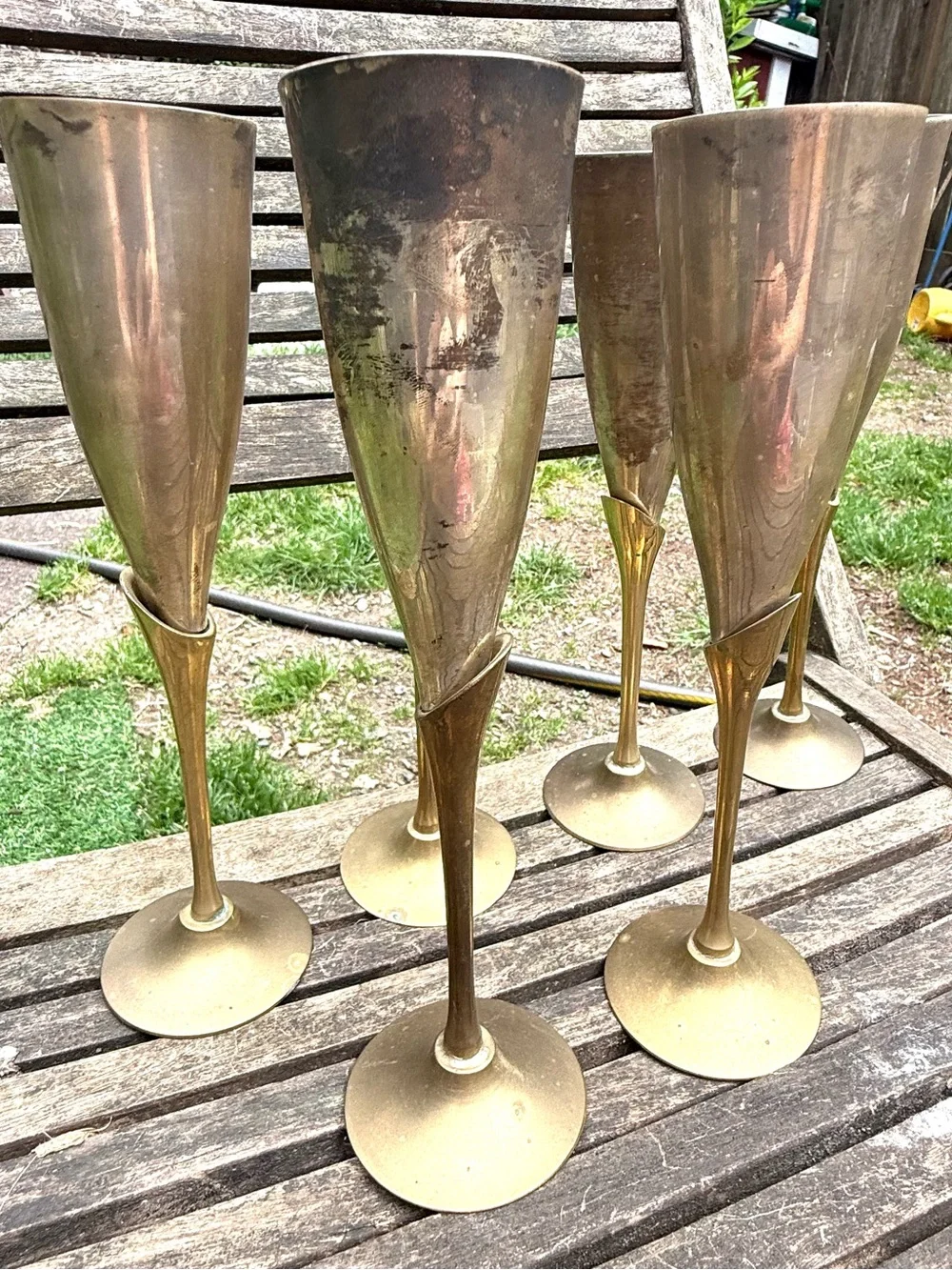 Vintage Six Solid Long Stem Tulip Silver Plate & Brass Champagne Flutes, India